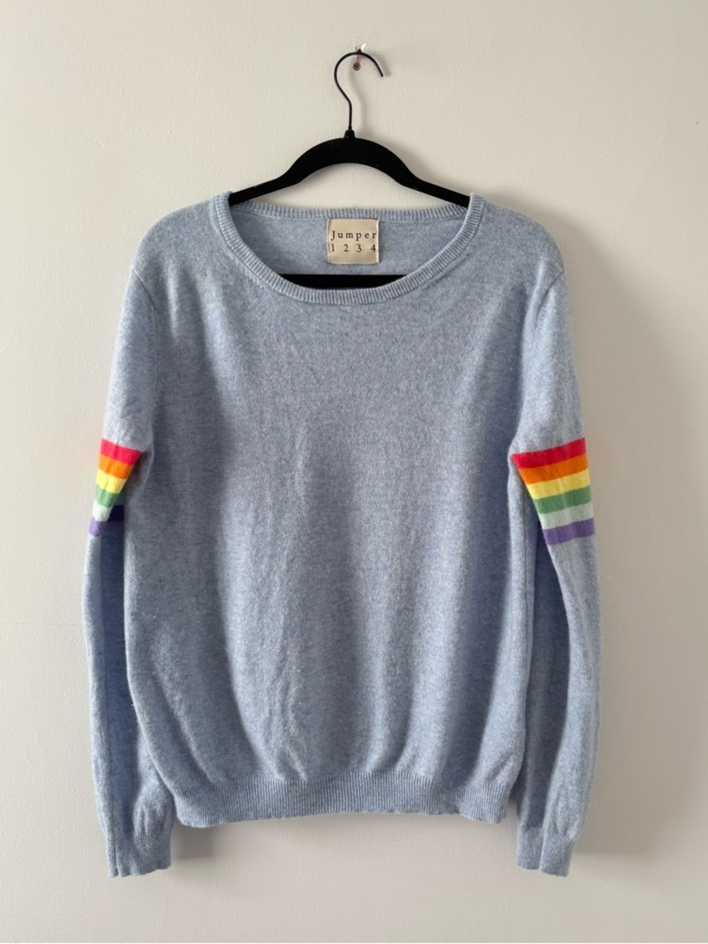 Jumper 1234 Cashmere Rainbow Stripe Arms Sweater Crewneck Knit Pullover Blue